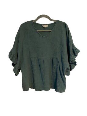 Before You Women's M Green Top Gauzey Textured Ruffle Sleeve Boho Casual Comfy